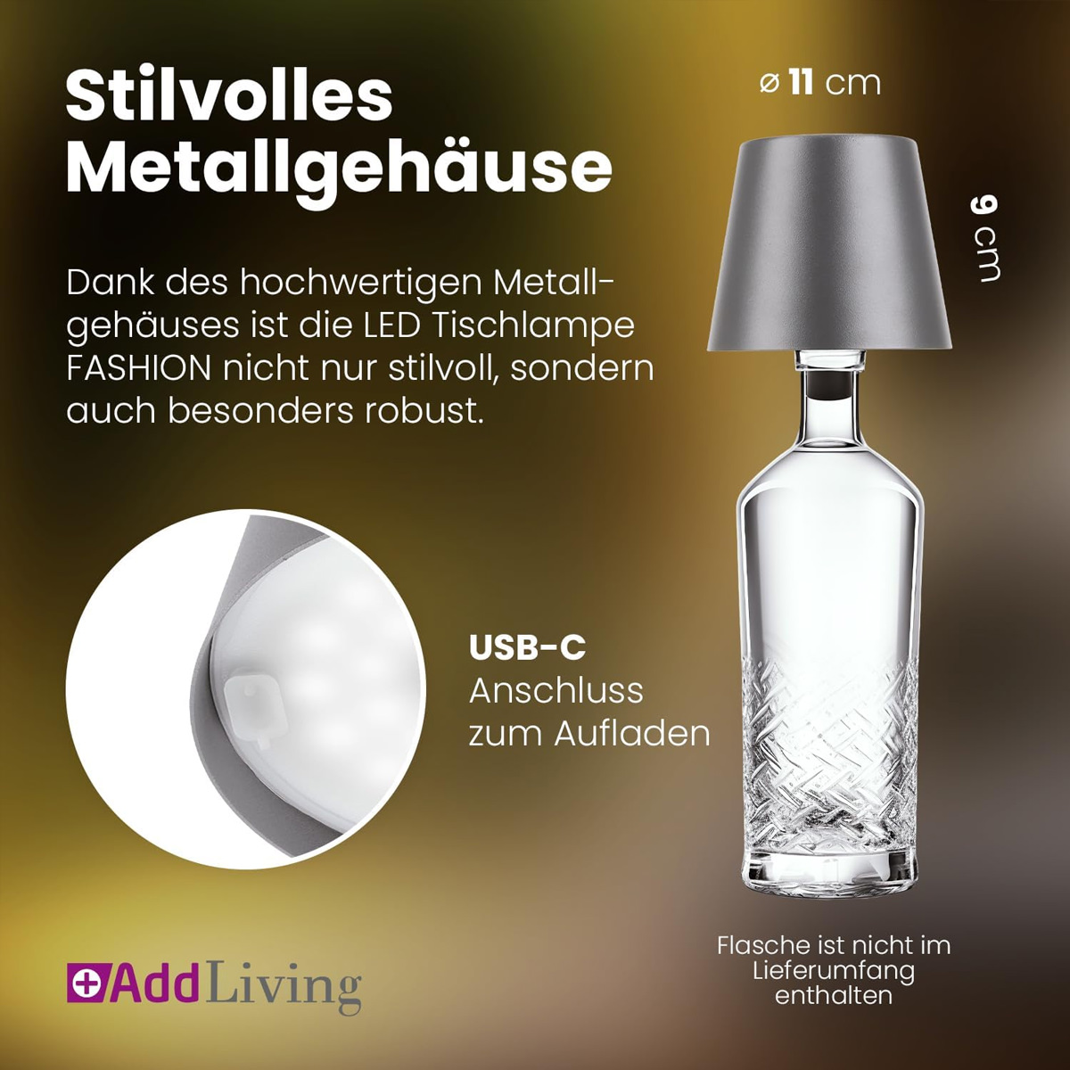 AddLiving LED Flaschenleuchte Grau 