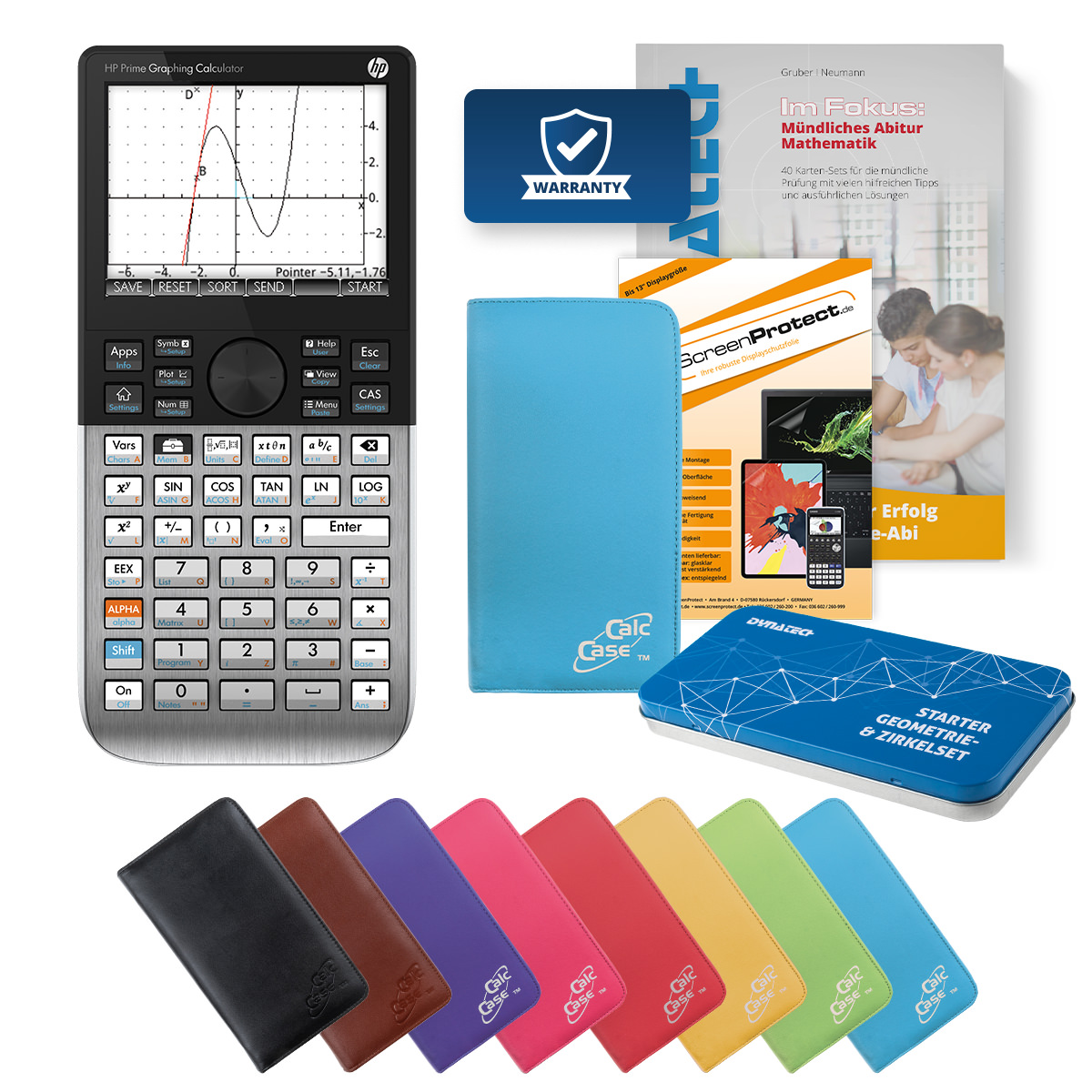 HP-Prime CAS Grafikrechner mit Tasche hellblau, Folie, Fachbuch & Zirkel Set