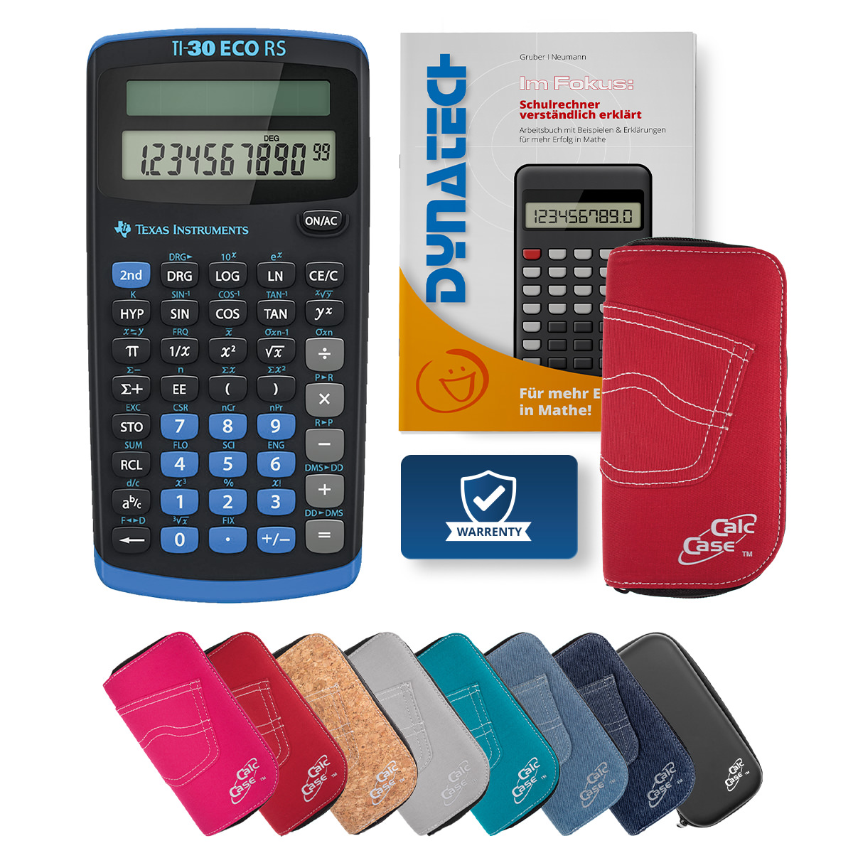TI-30 ECO RS Schulrechner mit Schutztasche rot und Fachbuch