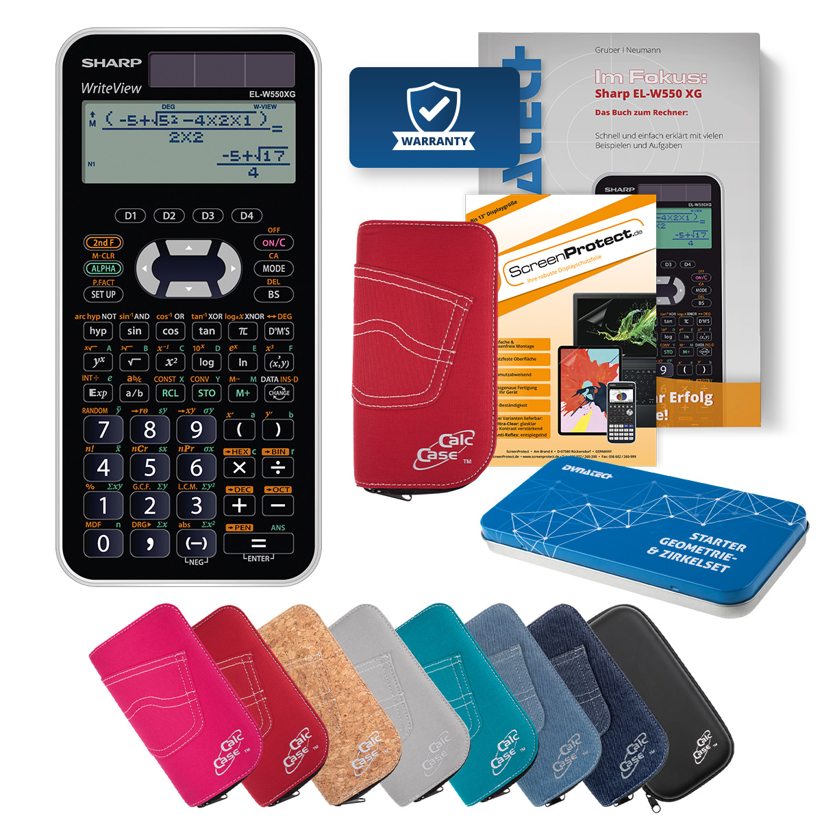 Sharp EL-W550 XG Rechner mit Tasche rot, Schutzfolie, Fachbuch & Zirkel Set 