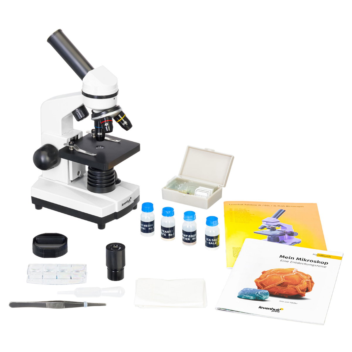 Levenhuk Rainbow 2L Mikroskop Moonstone, 40 - 400 fach, Ober- und Unterlicht, Experimentierset inkl. Netz- bzw. Batteriebetrieb