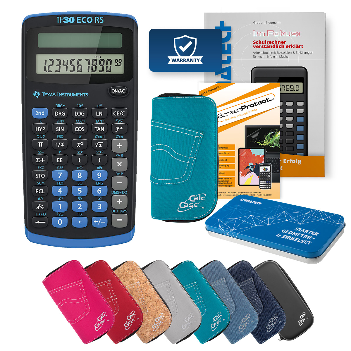 TI-30 ECO RS Rechner mit Tasche türkis, Schutzfolie, Fachbuch & Zirkel Set