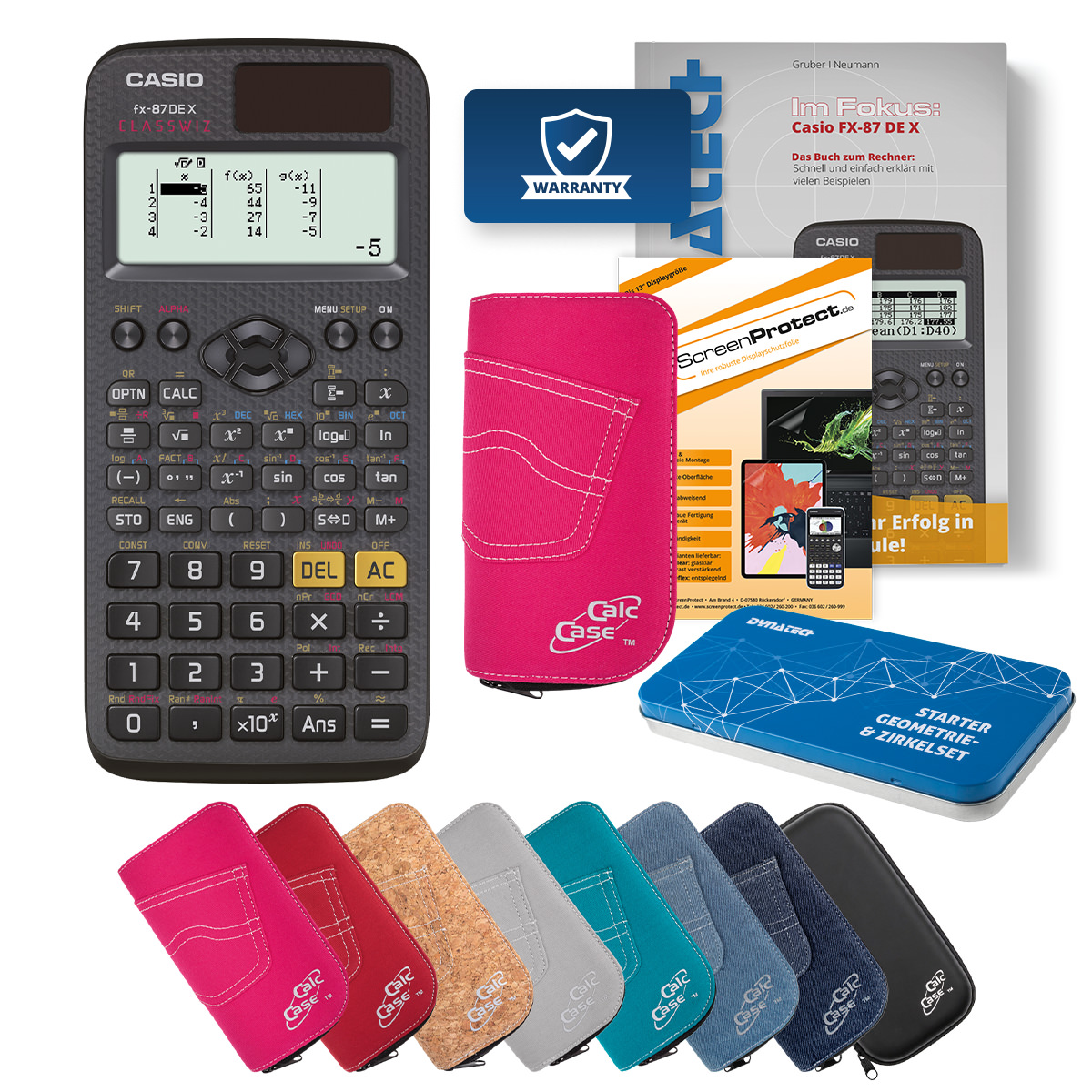 Casio FX-87 DE X Rechner Tasche pink, Folie, Fachbuch & Zirkel Set 