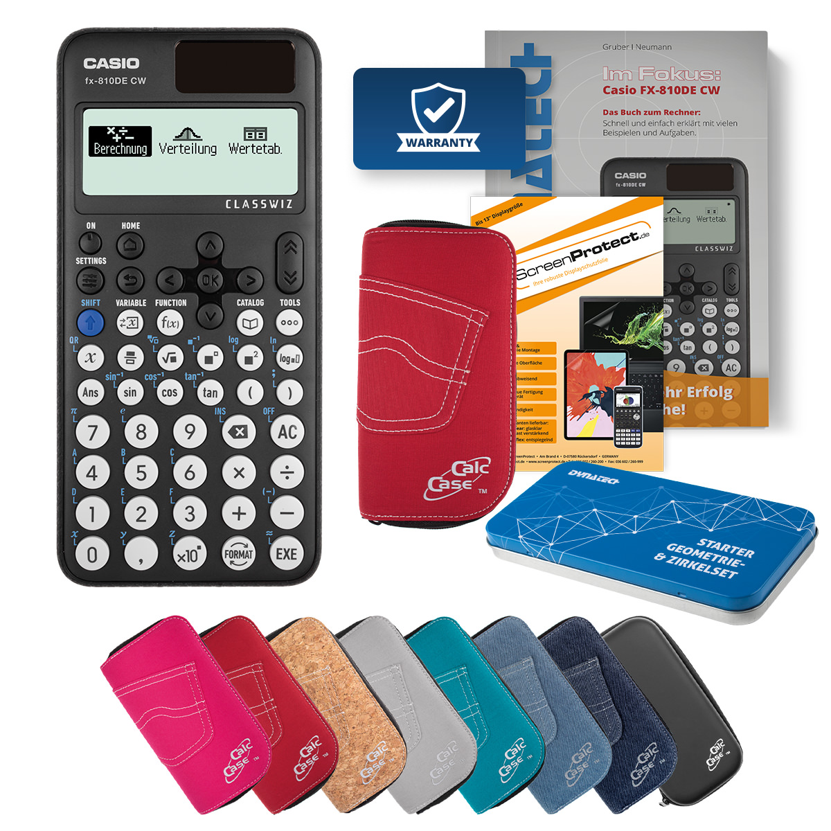 Casio FX-810 DE CW Rechner mit Tasche rot, Folie, Fachbuch & Zirkel Set 