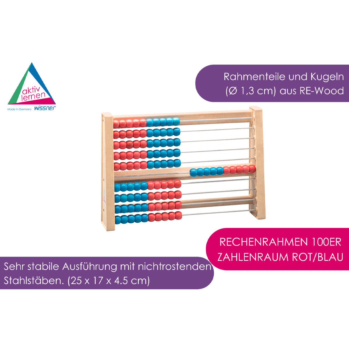 Wissner Rechenrahmen 100er Zahlenraum, Reihen 5x rot-blau & 5x blau-rot, mit Fokus auf 5er & 10er Struktur