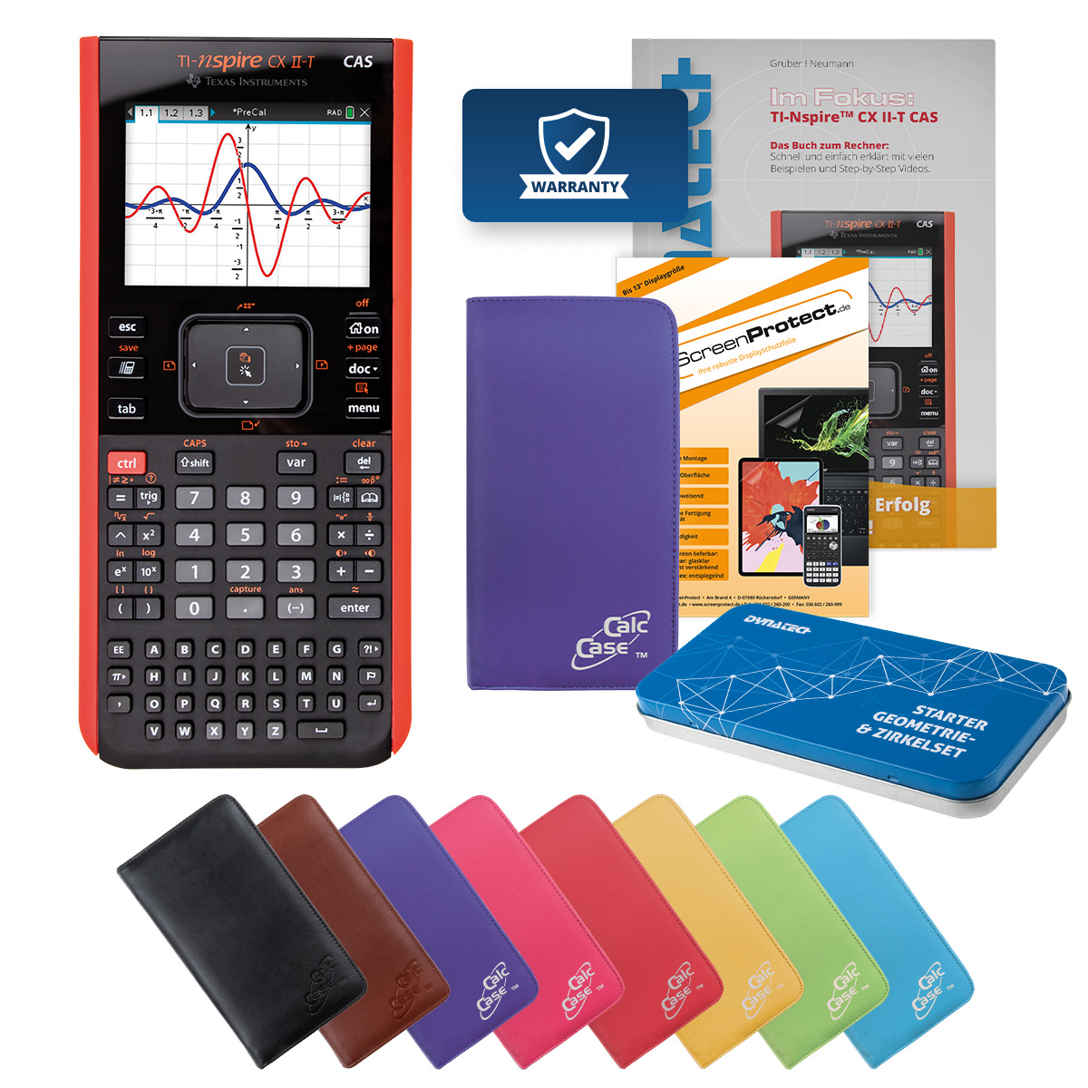 TI-Nspire CX II-T CAS Rechner mit Tasche violett, Folie, Fachbuch & Zirkel Set 