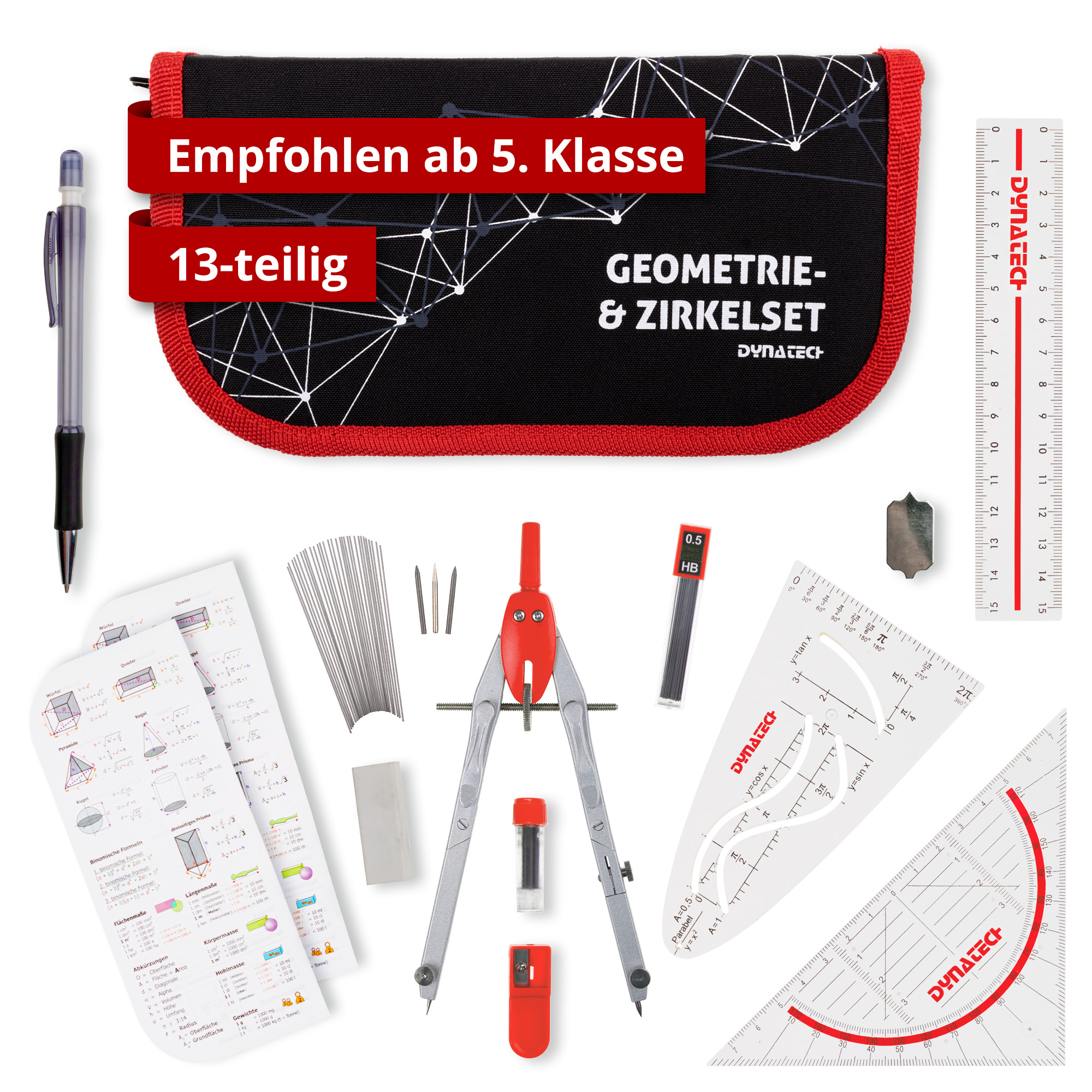 DynaTech Schnellverstellzirkel rot inkl. 2 Ersatzminen, Etui & 10 weiteren Zubehörartikeln