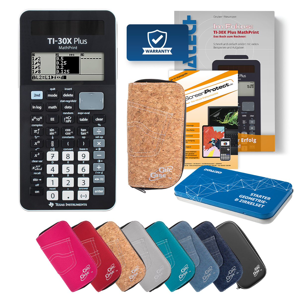TI-30X Plus MP Rechner mit Tasche kork, Schutzfolie, Buch & Zirkel Set 