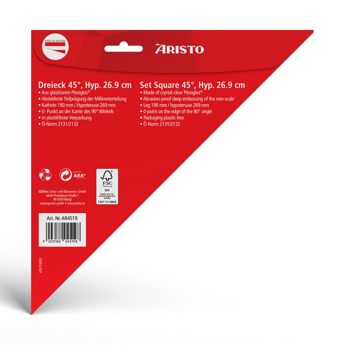 Aristo Dreieck 45 Grad ohne Facette Hypotenuse 26,9 cm, Teilung 19 cm 