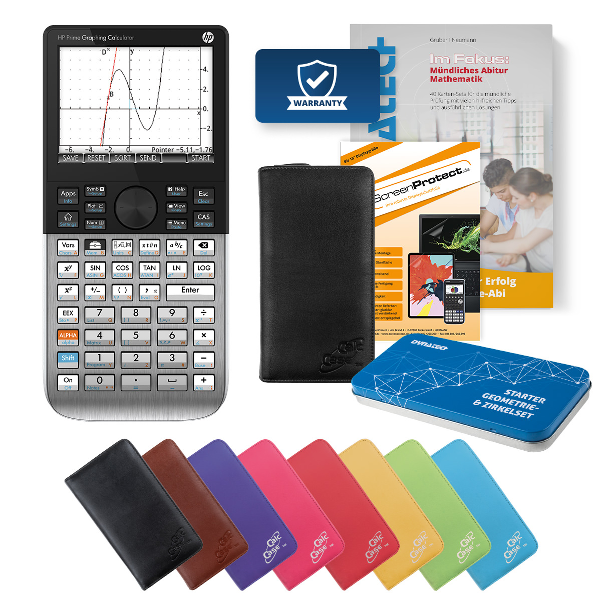 HP-Prime CAS Grafikrechner, Tasche Nappaleder schwarz, Folie, Buch & Zirkel Set 