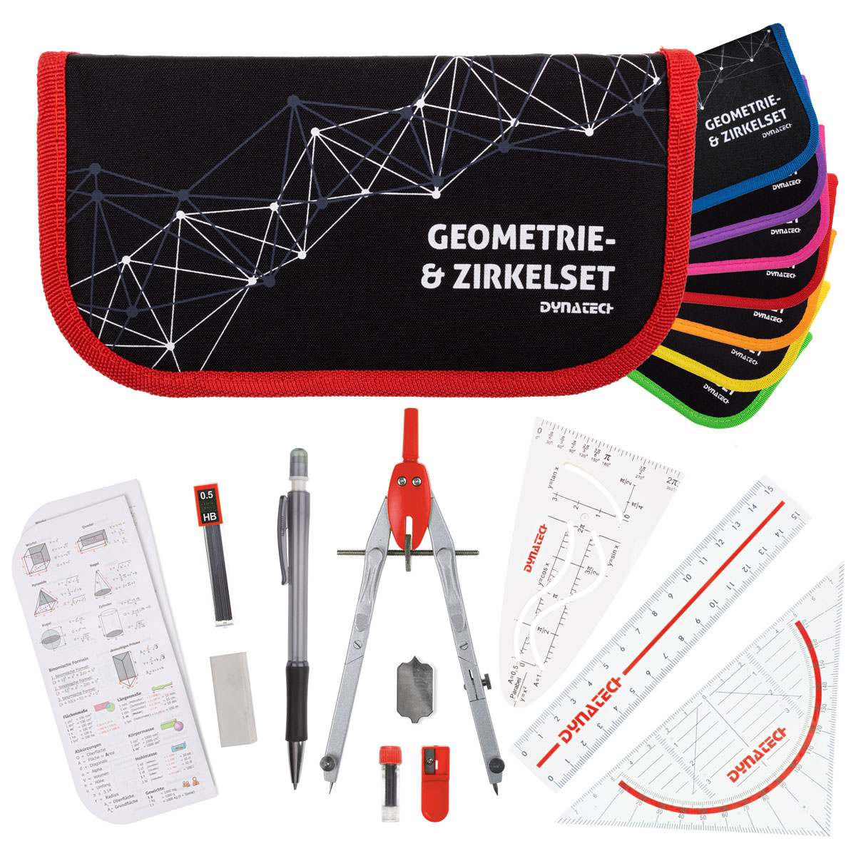 DynaTech Geometrie- und Zirkelset (13-teilig) Etui mit Reißverschluss in rot