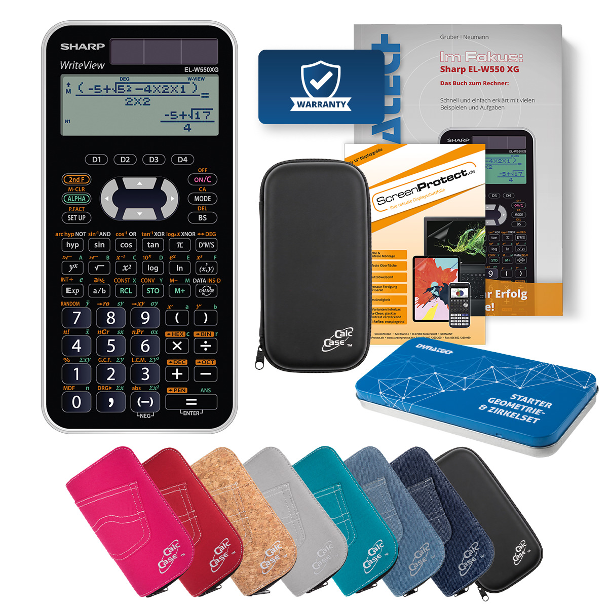 Sharp EL-W550 XG Deluxe Bundle mit Schutztasche, Schutzfolie, Fachbuch und Zirkel Set 