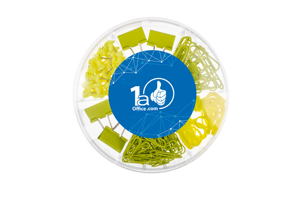 Bürozubehör gemischt gelb mit Pinnadeln, Foldbackklammern, Büroklammern & Gummibändern 