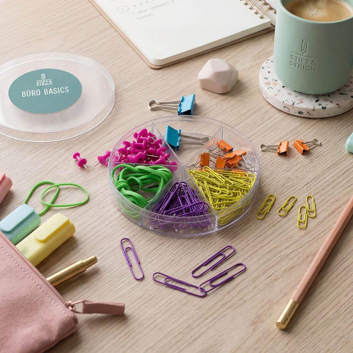 Stift&Strich Büro-Basics Set mit Büroklammern, Pinnnadeln, Gummis und Foldbackklammern