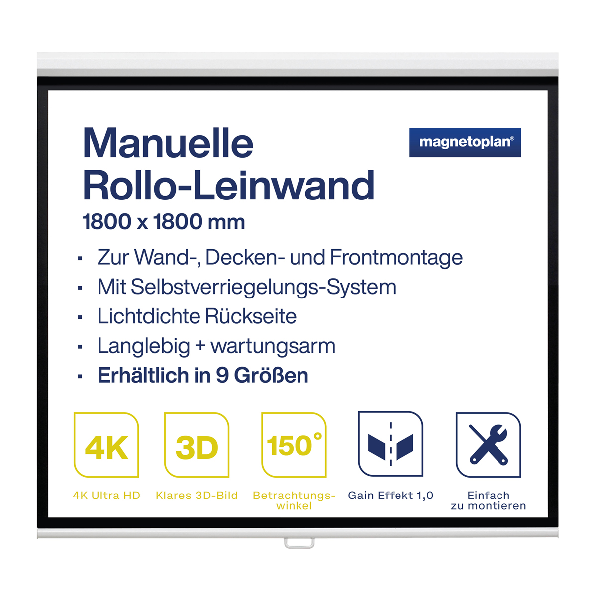 Magnetoplan Rollo-Leinwand manuell 180cm x 180cm 1:1, Rückseite schwarz 