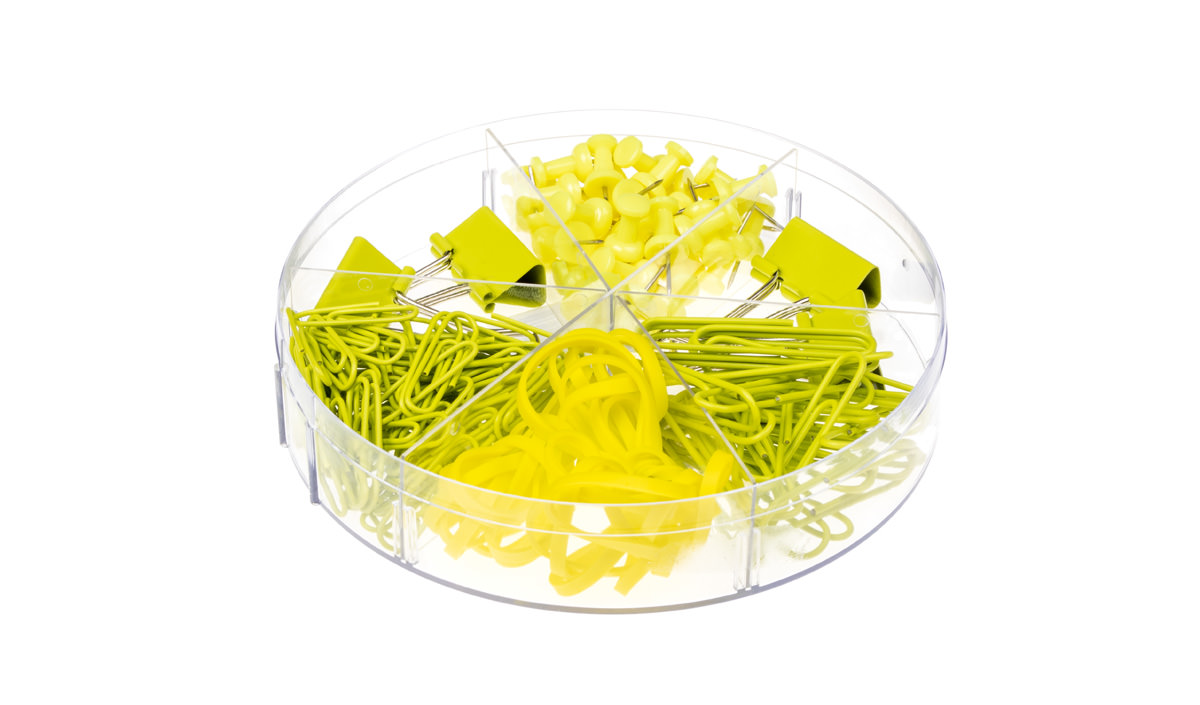 Bürozubehör gemischt gelb mit Pinnadeln, Foldbackklammern, Büroklammern & Gummibändern 