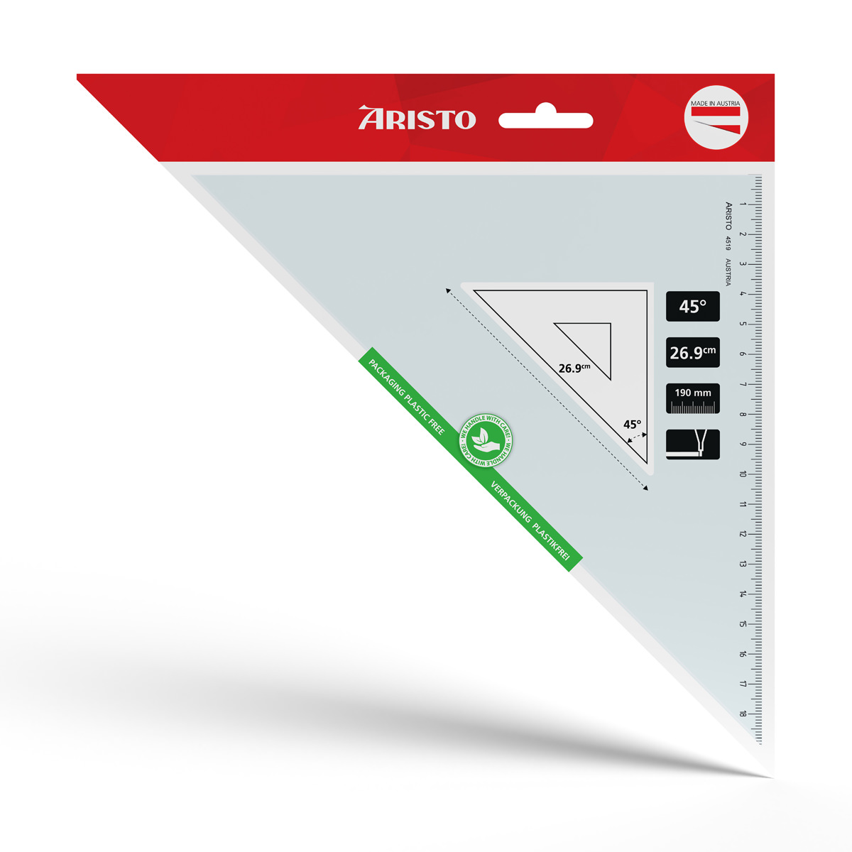 Aristo Dreieck 45 Grad ohne Facette Hypotenuse 26,9 cm, Teilung 19 cm 