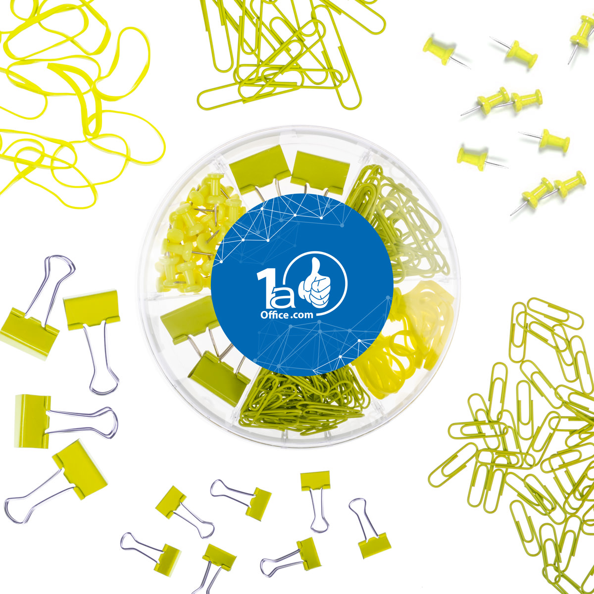 Bürozubehör gemischt gelb mit Pinnadeln, Foldbackklammern, Büroklammern & Gummibändern 
