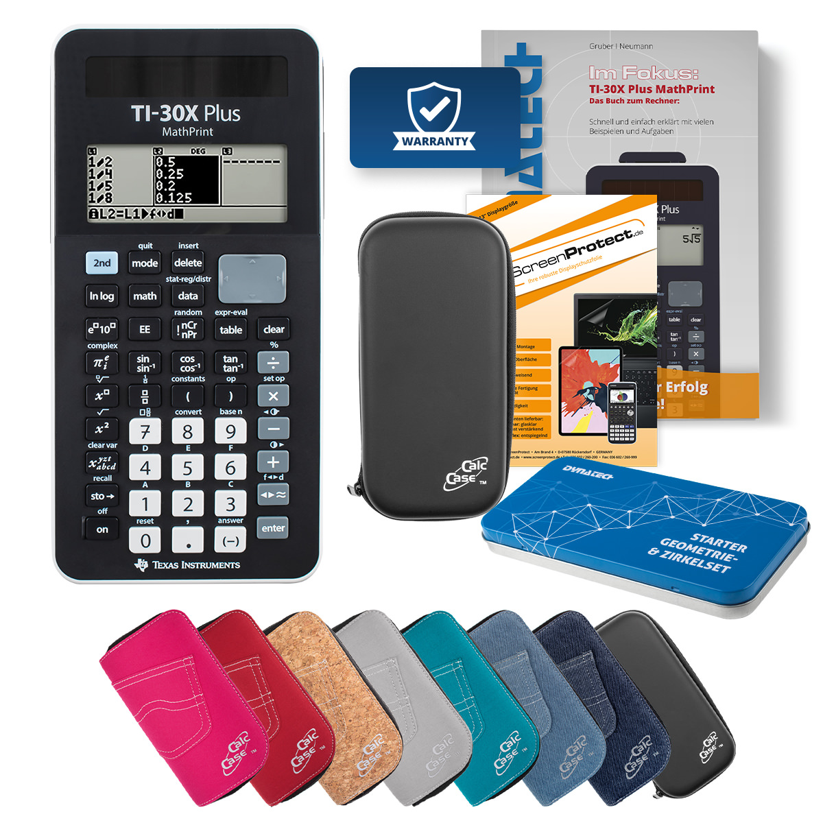 TI-30X Plus MP Wissenschaftlicher Schulerechner Deluxe Bundle mit Schutztasche, Schutzfolie, Fachbuch und Zirkel Set